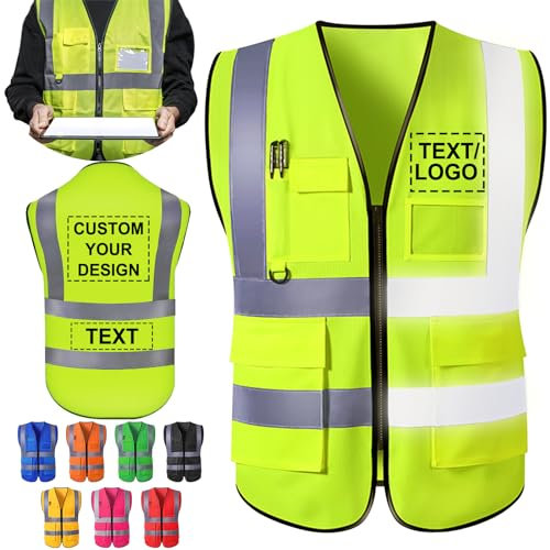 ShAxzHen Gilet de sécurité personnalisé pour homme et femme avec poches logo, vêtements de travail haute visibilité personnalisés avec bande réfléchissante, vert fluorescent, L