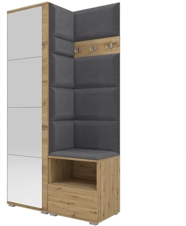 Garderoben-Set Nela I mit Spiegel, 100cm Flurgarderobe mit Wandpaneele, Kompaktgarderobe mit Schuhschrank, Inklusive Montagekleber, Praktischer Garderobe (Artisan Eiche + Dunkelgrau (Trinity 15))