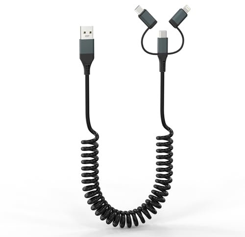 3 in 1 Coiled USB to USB-C and Lightning Cable Combo, 3A Fast Charge & Data Sync & MFi, Apple Carplay & Android Auto Compatible, Coiled Lightning/Type C/Micro USB Cable For iPhone, Android and More