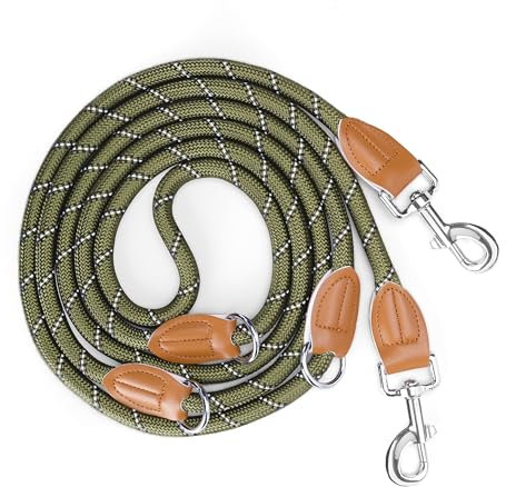 PETCOOZ Training Lead for Dogs, 3M Adjustable Double Ended Dog Lead for Medium Large Dogs, Professional Reflective Stop Pulling Control Leash, Hands Free Dog Leads for Running Walking, Army Green