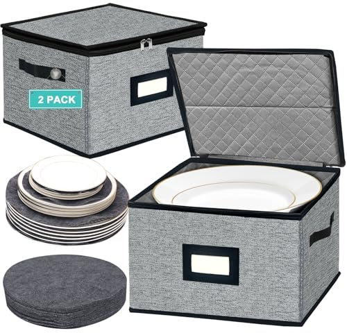 VERONLY (2 Pack) Dinner Plate Storage Box with Lid- Hard Shell Dish Case with Handle, Metal Zipper, Anti-friction Felt Pads,China Storage Container for Home 30.5x30.5 cm(Dark Grey)