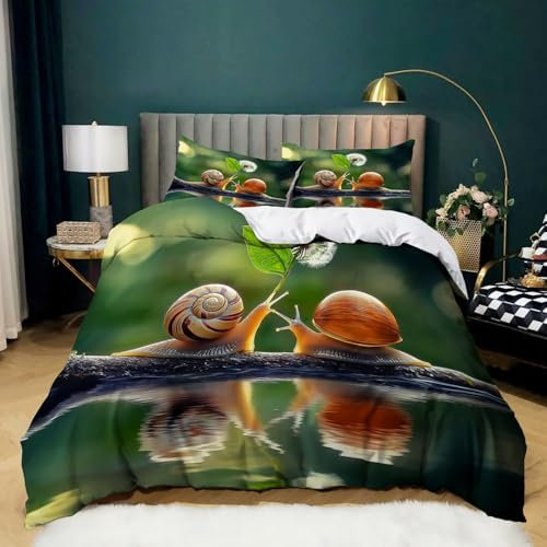 Grün Bettwäsche 135x200 Dandelion und Schnecke Bettbezug Druck Bettwäsche 3 Teilig, Weiche Gemütlich Mikrofaser Bettwäsche Set mit Reißverschluss und Kissenbezug 80x80 cm