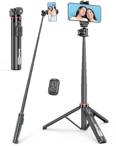 Bastone Selfie Treppiede Alluminio, Cavalletto per Smartphone con Testa a Sfera 360° & Telecomando Selfie Stick Estensibile Portatile con Cold Shoe Treppiede Telefono per iPhone e Android, Vlog, Live