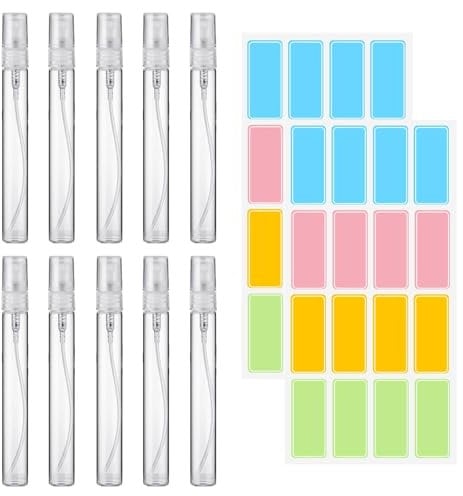 FFDHWU 10 Pcs Glass Perfume Bottles And 2 Pcs Label Stickers, Travel Size Dispensing Bottles, Mini Spray Bottles, Portable Spray Bottles