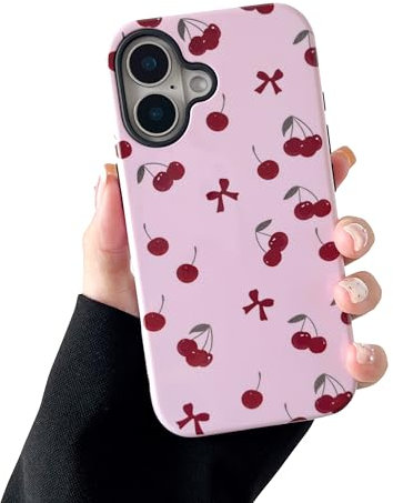 DEFBSC Case for iPhone 16 Plus, Cute Pink Bow Cherry Print Aesthetic Trendy Pattern for Women Girls Slim Durable Bumper Shockproof Hybrid Hard Back Phone Cover, Red Bow/Glossy