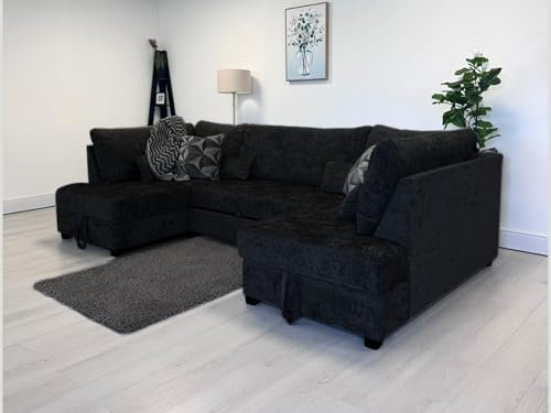 Meridian U Shape Corner Sofa Bed with Storage, 6 Seater Pull Out Bed Couch in Black Chenille, Large Corner Sofa with Hidden Storage, Premium Convertible Sleeper Sectional (307cm x 162cm)