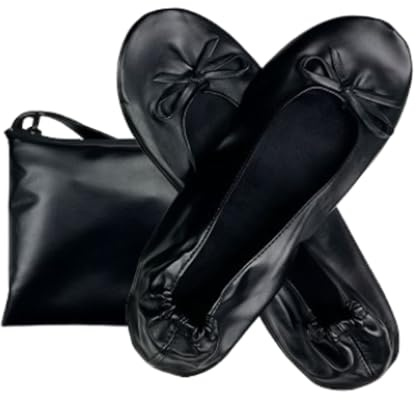 ccafgho Women's Foldable Ballet Flats PU Leather Bow Design Pointed Toe Fashion Fit for Wedding, Office, Travel (Black, Adult, Women's, M (Medium), Alpha, US Shoe System, Narrow)