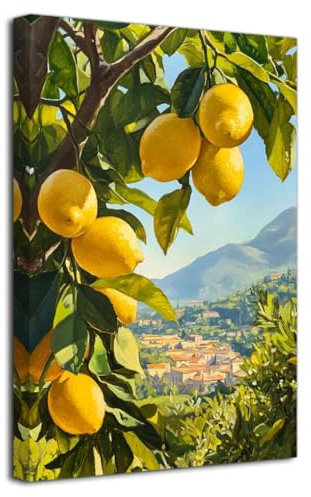ZXHYWYM Lemon Pictures for Kitchen Lemon Tree Wall Art Yellow Fruit Painting Green Leaf Prints Summer Landscape Artwork Farmhouse Dining Room Decor (30L x 45W cm)