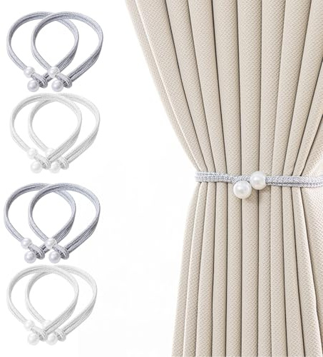 YQCXK 4 Pairs Curtain Tiebacks, Hand-Woven Pearl Rope Holdbacks | Eight polyester rope tiebacks feature pearl details, holding curtains neatly while adding an elegant decorative touch.
