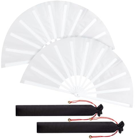 2 PCS Black Folding Hand Held Fans, Solid Color Antique Style Cloth Folding Fan, Chinese Handheld Tai Ji Fan for Men and Women, Performance Line Dance Chinese Kung Fu Tai Chi Decorations (White)