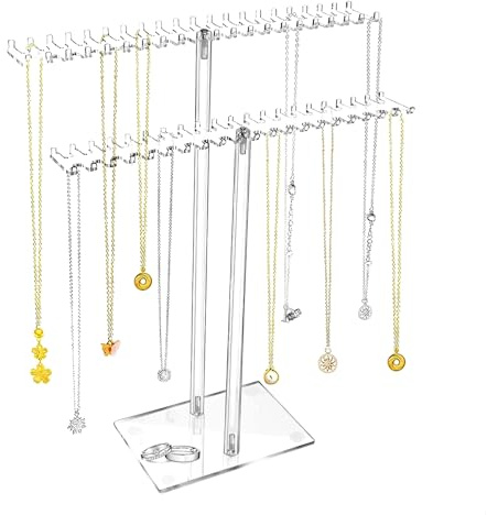 Kettenhalter Schmuck Kettenständer,2 Stöckig Schmuckständer mit 80 Haken Acryl Ketten Halterung Schmuck Transparent Kettenständer schmuck Halsketten Ständer für Ohrringe Armbänder Ring Armband,1 Stück