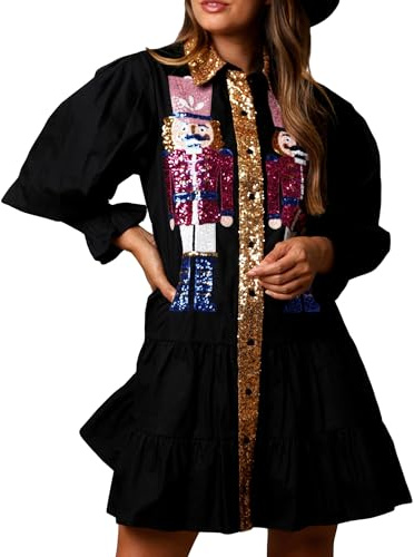 Springcmy Womens Sequin Christmas Nutcracker Shirt Dress Sequin Party Santa Sweatshirt Dress Long Sleeve Tiered Pleated Mini Dress