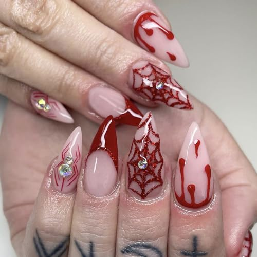 24Pcs Halloween False Nails Medium Almond Press on Nails Nude Pink French Fake Nail with Spider Web & Rhinestones Designs Stiletto Artificial Full Cover Acrylic Stick on Nails for Women Girls