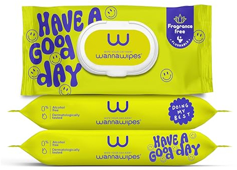 WANNAWIPES Flushable XL Adult Wipes – 144 Count (3 Pack) – Gentle Daily Hygiene Wipes – Aloe Vera, Chamomile & VitE – Fresh, Soft, 100% Biodegradable – Toilet‑Safe, Plant‑Based Fibres – Fragrance Free
