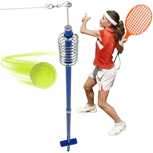 SPOTRAVEL Height Adjustable Tetherball Set, Traditional Pole in the Ground Set with Tennis Ball, Spiral Coil, Swivel Arm and 2 Bats, Tetherball Playset for Fitness Exercise Workout, Ages 5+
