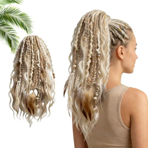 Elastischer Dread-Pferdeschwanz Salty Soul, Einfache Elastische Pferdeschwanz-Befestigung In Einer Minute, Sofortige Boho-Dreadlock-HaarverläNgerung Mit Perlen, Umwickelbare PferdeschwäNze (C)