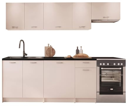 Mirjan24 Mela Küchenmöbel Set 180/240 cm mit Arbeitsplatte - Moderne Einbauküche in Creme/Beige, Hängeschränke & Unterschränke, 7 Schrank-Module (Cashmere/Schwarz)