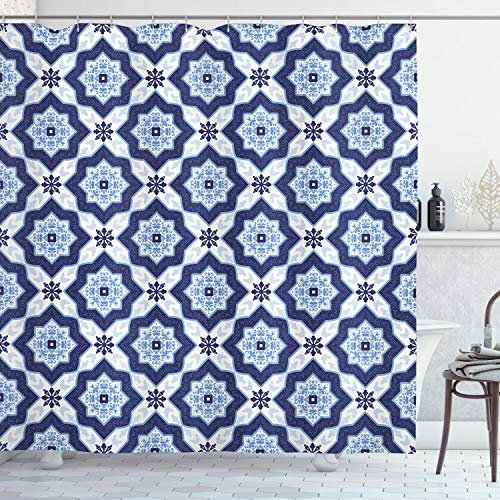 ABAKUHAUS Blau Duschvorhang, Portugiesisch Azulejo Pattern, Stoffliches Gewebe Badezimmerdekorationsset mit Haken, 175 x 180 cm, Dunkelblau