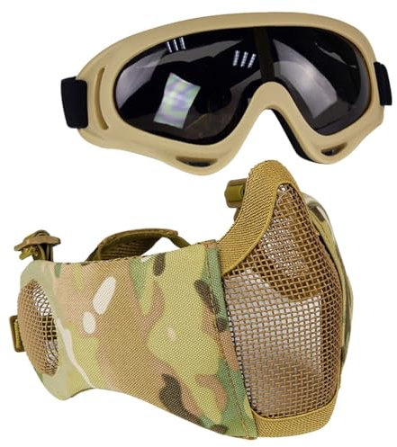 Aoutacc Kit de Protection Airsoft avec Demi-Masque en Maille avec Protection des Oreilles et Lunettes - pour CS/Chasse/Paintball/Tir, CP