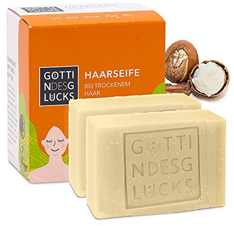 Göttin des Glücks festes Shampoo für Haare - Haar Seife Shea Butter 2 x 80 Gramm - bei trockenem Haar - mit Fairtrade-Sheabutter - vegane Naturkosmetik - Zero Waste