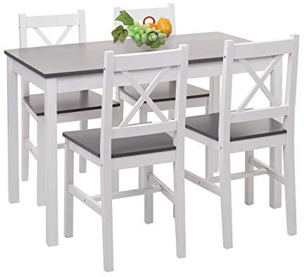 Mendler Esszimmer-Set HWC-F77, Sitzgruppe Esszimmergruppe, Massiv-Holz Landhaus 110cm - weiß-grau