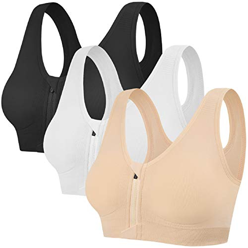 Tuopuda Damen Sport BH Gepolstert Elastizität Bustier Yoga BH ohne Bügel Push Up Zip Front Sports Bra Starker Halt Doppelt Träger Große Brüste für Fitness Laufen Joggen, Schwarz + Weiß + Hautton, XL