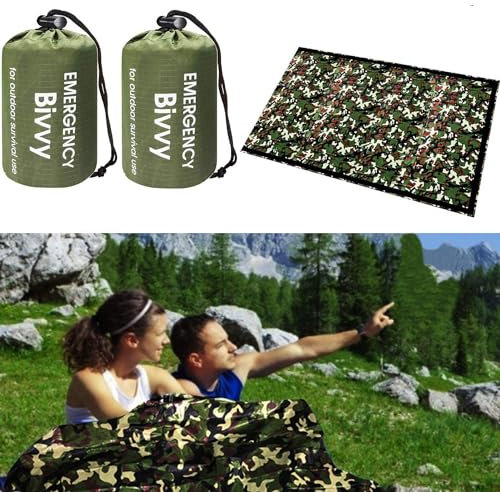 HONYAO Bolsa de Dormir de Supervivencia, Bolsa de Dormir de Emergencia, Bivvy de Supervivencia Ligero Camping al Aire Libre Senderismo, Camuflaje, 2 Pieces