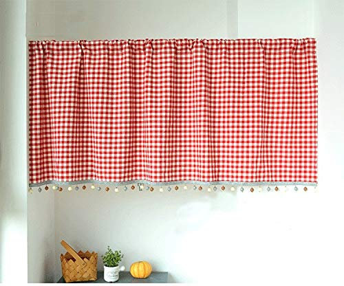 Yaland Elegant Schlaufenschal karo Gardine Karierte Küche Gardine Scheibengardine Landhausstil Bistrogardine (HxB 180x200cm, rot) 1 Stück