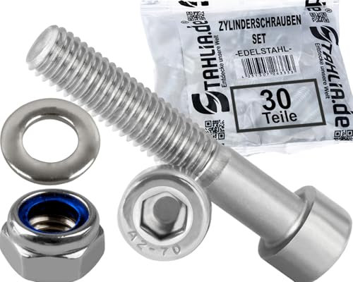 Stahlia 10 Zylinderkopfschrauben 10 Unterlegscheiben & 10 Muttern Set M10 x 70 mm Edelstahl Teilgewinde (30 Teile) DIN 912|125|985 Maschinenschrauben Innensechskant
