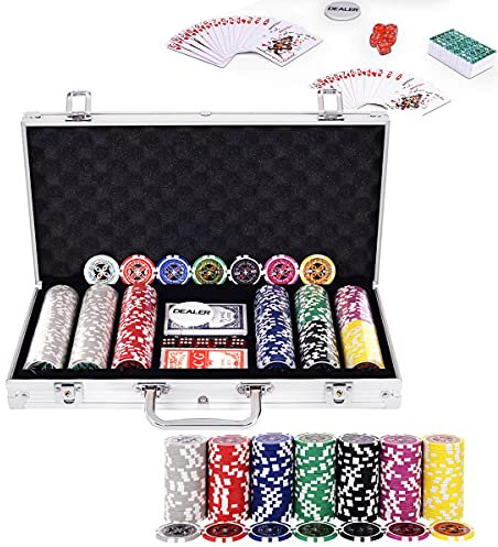 RELAX4LIFE Poker Set, Poker Chip Set mit 300 Pokerchips & 2 Sätze Spielkarten & Händler & 5 Würfel, Kartenspiel für Partys & Picknick & Ausflug, Ink. abschließbares Pokerkoffer aus Alu (Silber)