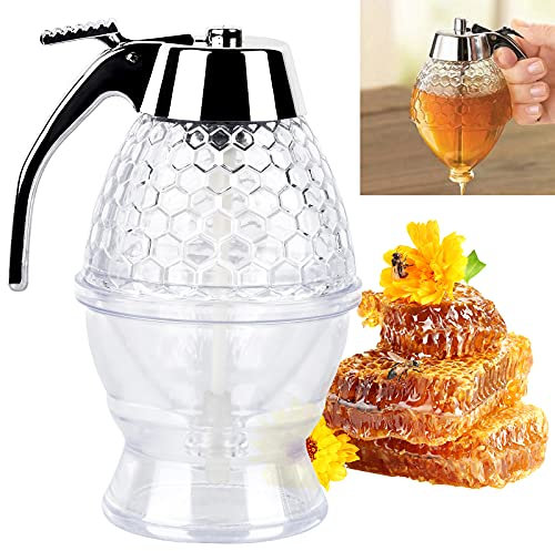 Pinsheng Distributeur de Miel, 200 ml Acrylique Beau Distributeur de Sirop, Pot à Miel motif Nid d'Abeille avec Support