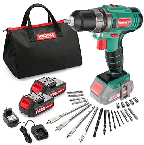 Taladro Atornillador Batería 12V, HYCHIKA Taladro Percutor a Batería con 2 Baterías, 21+1 Ajuste de Par, Destornillador Eléctrico con 23 accesorios