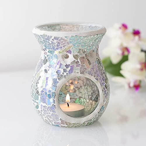 Light Blue Iridescent Crackle Glass Oil Burner- Small, Lustre Mosaic Wax Melt Burner Single Tea Light Candle Holder Aroma Gift Lamp, for Women Men