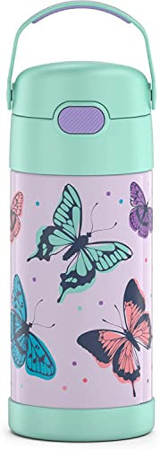 THERMOS FUNTAINER - Botella de acero inoxidable con aislamiento al vacío y sorbete, 355 ml, para niños, diseño de mariposas