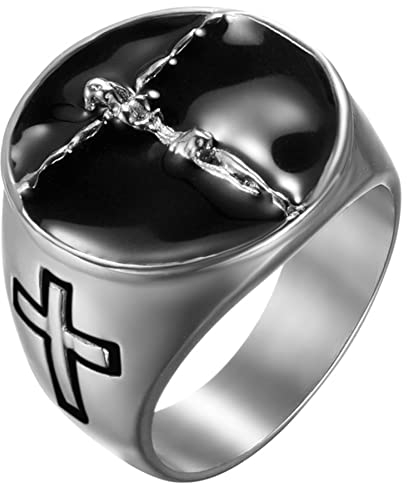 JewelryWe Herren-Ring Jesus Kreuz Siegelringe: Herren Edelstahl Emaille Retro Christian Jesus Christus Kreuz Ring Siegelring Religiöser Männer Band Bandring Gravur Silber Schwarz Größe 59