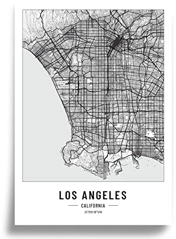 Poster Stadtplan | Moderne minimalistische wandbild Stadtkarten | Schwarz Weiß deko haushalt |w anddeko Kunstdrucke für Wanddekoration weltkarte | Geschenk fur haus | Papier 250gr Los Angeles A3