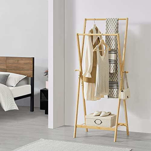 [en.casa] Portant à Vêtement Solide Garde-Robe avec 2 Barres de Penderie 2 Crochets Surface de Rangement Bambou 150 x 60 x 42 cm Naturel