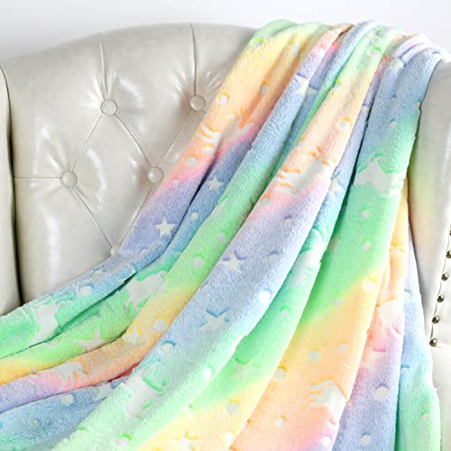 Tospass Flannel Kuscheldecke Kinder Mädchen Einhorn Decke Leuchtet im Dunkeln Flauschig Leuchtend Decke Weiche Wohndecke Sherpa Kinderdecke Kuschelige Decke Junge Flanelldecke 152x127 cm Blau Grün