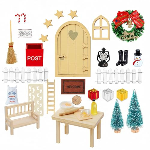 33Pcs wichteltür zubehör Weihnachten ，Miniatur Wichtel Tür Weihnachten Mit Zaun,Wichtelhaus Weihnachtsdeko, Stiefel, Teppich, Laterne, Besen, Holzleiter, Miniatur Gartenmöbel