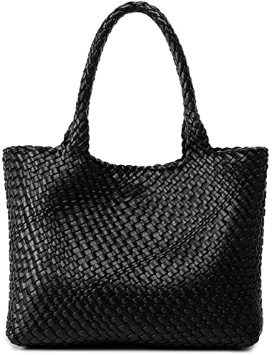 Queenoris Gewebte Tasche für Frauen, Mode Top Griff Umhängetasche Veganes Leder Shopper Tasche Große Reisetasche, Schwarz, Large