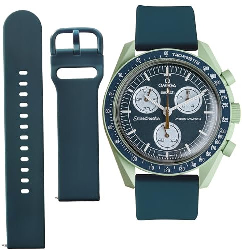 Ersatz-Uhrenarmband für Omega X Swatch MoonSwatch Speedmaster, 20 mm, Gummi, Schnellverschluss, Dunkelgrün auf Erde, Ohne Edelsteine