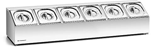 Forgast Espositore Gastronorm per 6 Contenitori GN 1/6 (Inclusi) da 10 cm di Profondità con Coperchi, Realizzato in Acciaio Inossidabile, Distributore Espositore Per Ingredienti, Piedini Antiscivolo