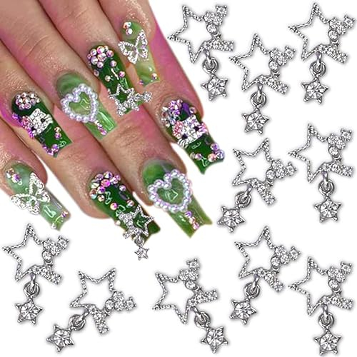 10 Stück Legierung Stern Nagel Charms 3D Star Nail Charms Metall Sterne Nailart Anhänger Strasssteine für Nägel Diamanten Glitzersteine Nagelschmuck Nagel Kunst Dekoration Nageldesign Strass (Silber)