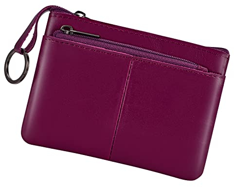 Porte-monnaie en cuir véritable avec triple fermeture éclair et porte-clés, violet, Pochette à monnaie