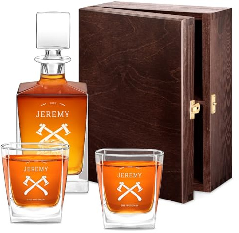 Maverton Geometric Whiskey Decanter and Glasses with Engraving, Axe | Symmetrical Carafe for him, 2/4/ 6 Customised Glasses for Man, Stylish Barware for Birthday, Whisky Set for Husband