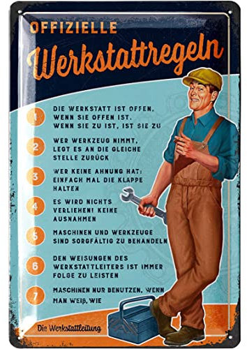 LANOLU Retro Blechschild Werkstatt Schild - lustige Werkstattregeln für Männer - wichtige Regeln für die Werkstatt, KFZ Mechaniker Geschenk Vatertag, Garagen Deko Metallschild 20x30cm