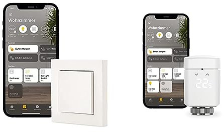 Eve Light Switch – Smarter Lichtschalter, Einfach-, Wechsel- & Kreuzschaltung & Thermo - Smartes Heizkörperthermostat, made in Germany, spart Heizkosten