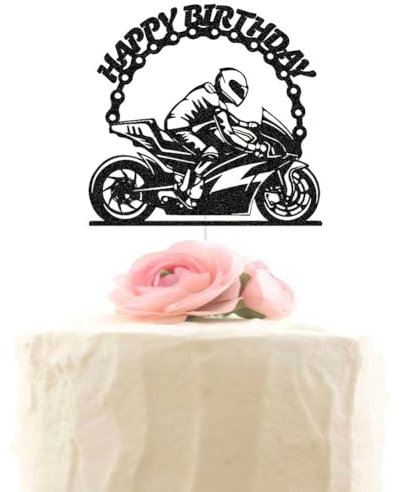 XIUHUBA Motorcycle Happy Birthday Cake Topper, Motorbike Cake Decor for Boys Girls Men Women Birthday Party Decorations, Motorcycle Rider Birthday Party Cake Pick, Black Glitter