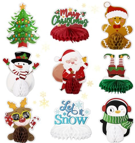 GEBETTER 9Pcs Adornos Navidad Mesa, Decoración Centro Mesa Navidad, Manualidades Navideñas Fiesta Infantil, Árbol Navidad Papel, Muñeco Nieve Reno Pingüino Panal Nido Abeja 3D Cartulina Regalo Niños