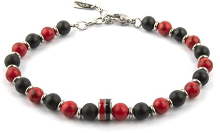 AC Milan LOWELL Armband aus Stahl und Natursteinen, für Herren, Schwarz und Rot, Einheitsgröße, Taglia Unica, Stein, Kein Edelstein